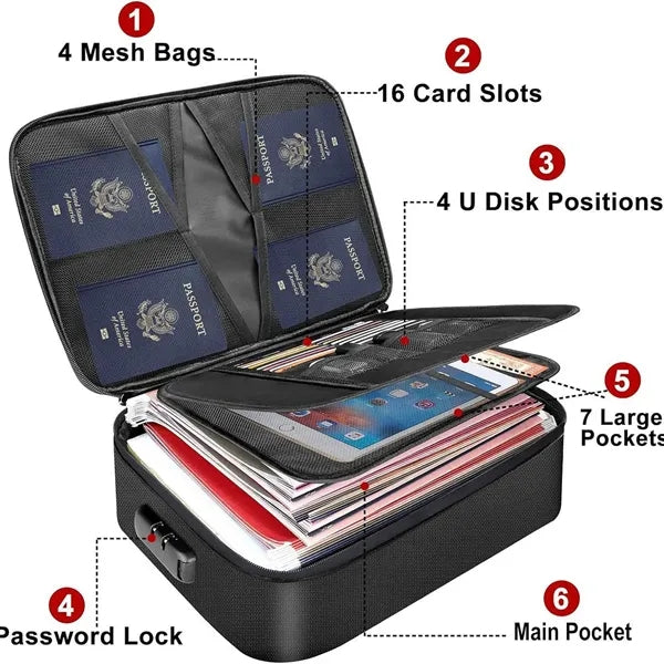 Portable travel storage fireproof document bag with lock