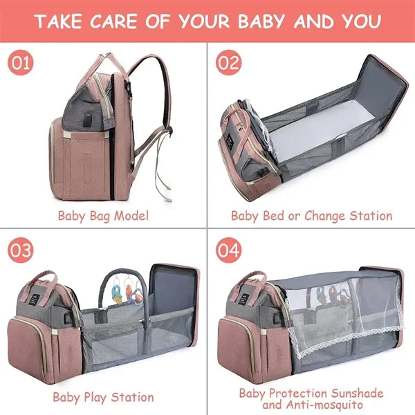 Versatile baby diaper bag backpack with USB charging port