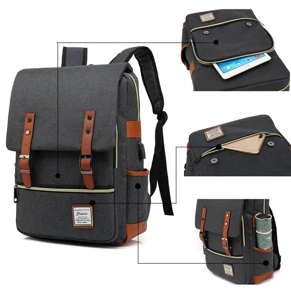 Vintage Laptop Backpack with USB Charging Port