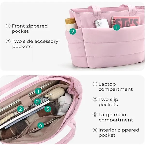 Lightweight Puffy Tote Bag with Compartments