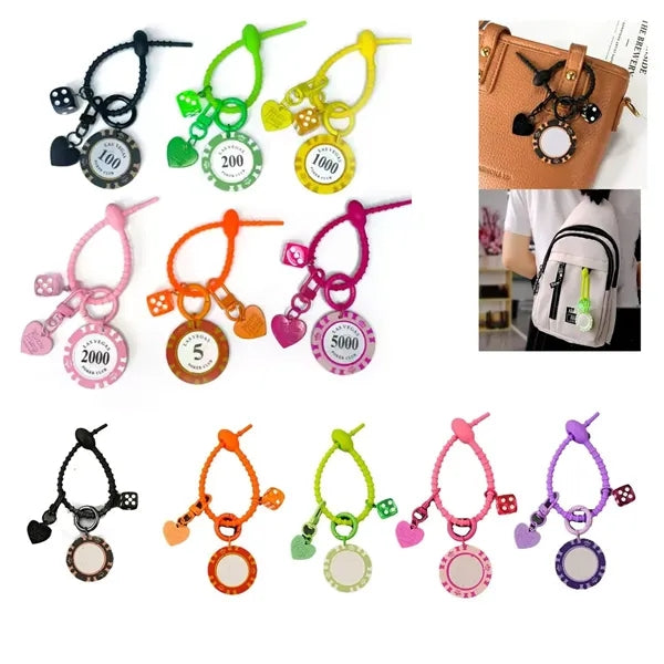 Silicone Poker Chip Keychain w/ Dice Charm & Heart Pendant