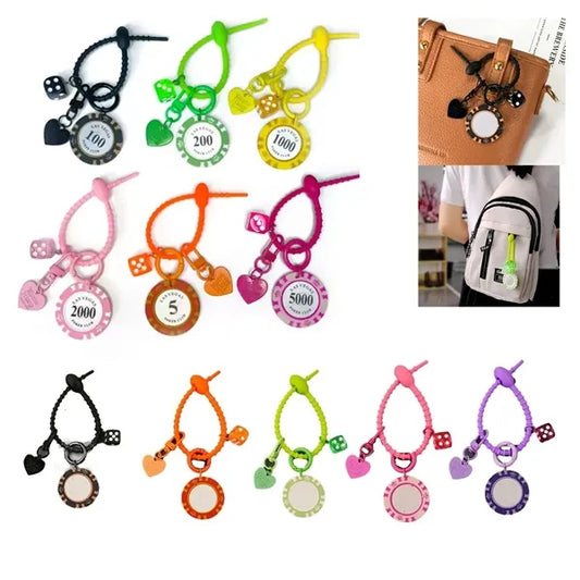Silicone Poker Chip Keychain w/ Dice Charm & Heart Pendant