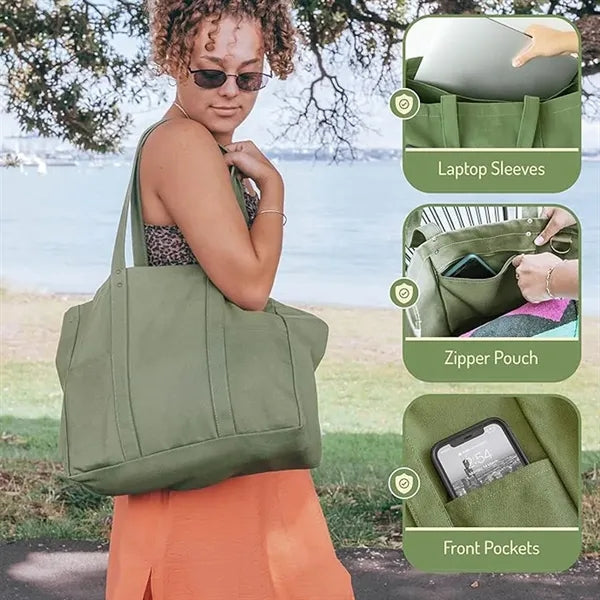 Large Canvas Tote Bag with 2 Front Pockets
