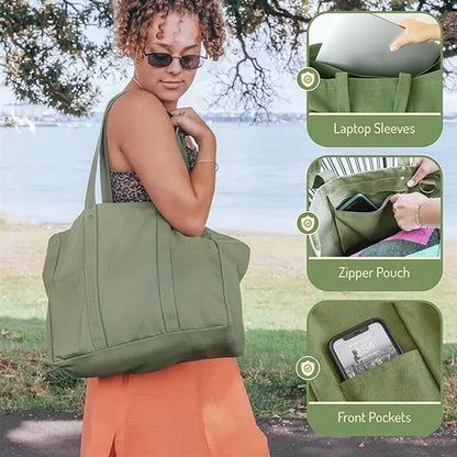 Large Canvas Tote Bag with 2 Front Pockets