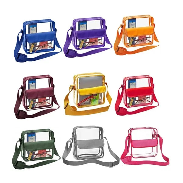 8L Clear PVC Shoulder Bag W/ Flap Closure Adjustable Strap