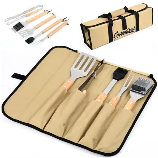 5-Piece BBQ Grill Tool Set with Wooden Handles