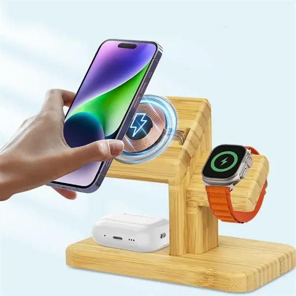 Bamboo Wireless Charging Stand for Phone Watch and Earbuds