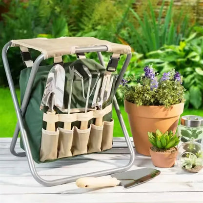 30L Folding Garden Stool with 5-Piece Tool Set & Bag