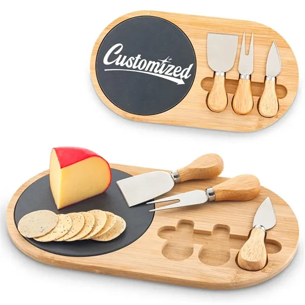 Bamboo Board Set W/ Slate Plate and 3 Cheese Knives