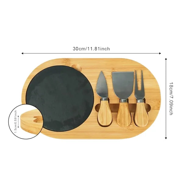 Bamboo Board Set W/ Slate Plate and 3 Cheese Knives