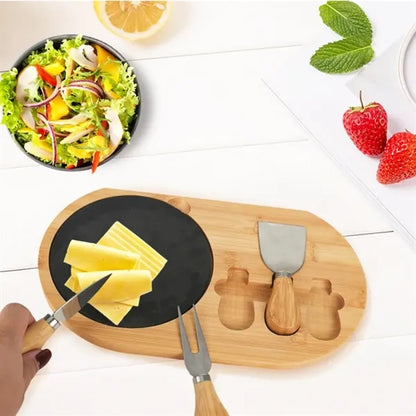 Bamboo Board Set W/ Slate Plate and 3 Cheese Knives