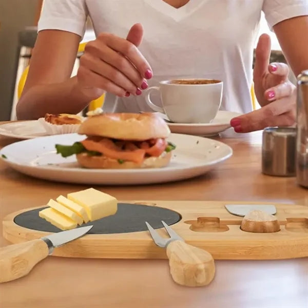 Bamboo Board Set W/ Slate Plate and 3 Cheese Knives