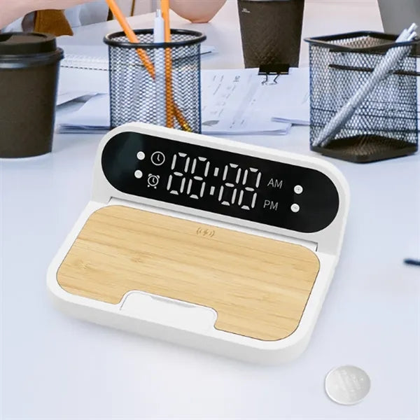 Bamboo Wireless Charging Clock Stand with LED Display