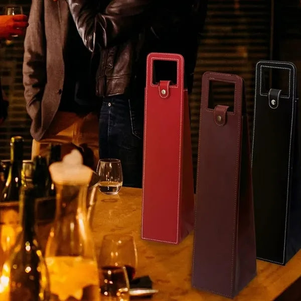 PU Leather Single Wine Bottle Bag with Handle Slot