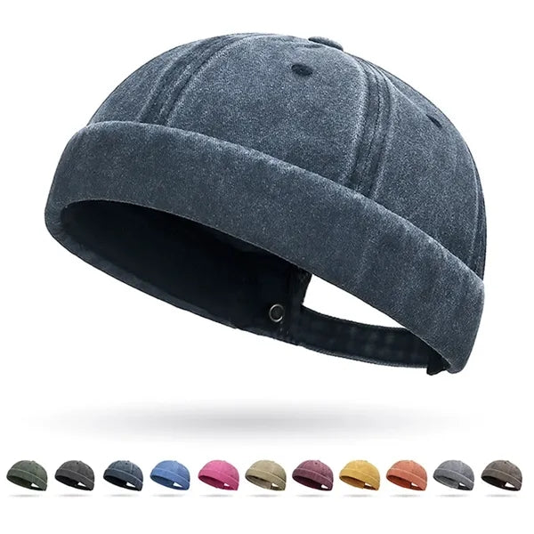 Vintage Beanie Cap Washed Cotton Rolled Cuff Harbour Hat