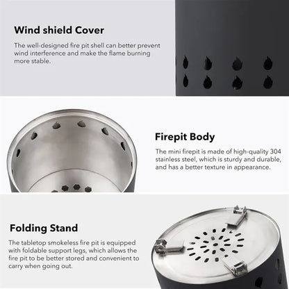 Tabletop Smokeless Fire Pit with Foldable Legs