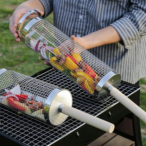 Stainless Steel Rolling Grill Basket with Hook