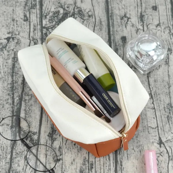 7L Canvas & PU Leather Zippered Cosmetic Makeup Bag