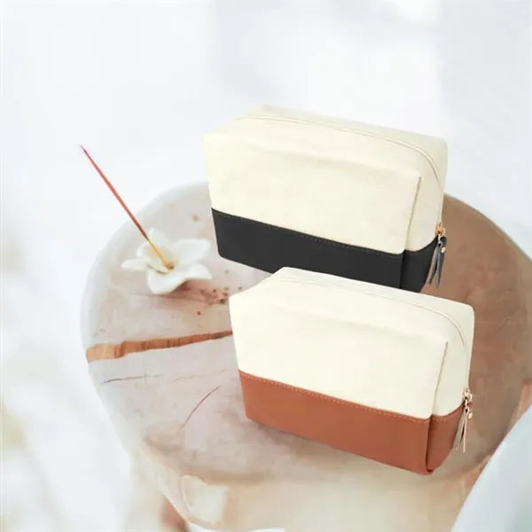 7L Canvas & PU Leather Zippered Cosmetic Makeup Bag