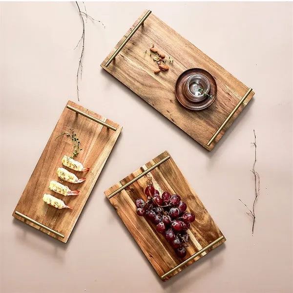 Eco-Friendly Rectangular Natural Acacia Wood Handle Tray