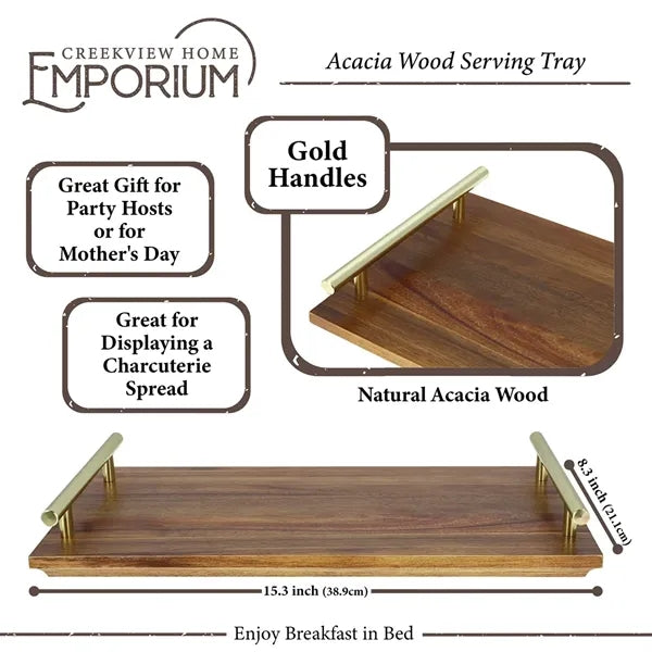 Eco-Friendly Rectangular Natural Acacia Wood Handle Tray