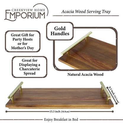 Eco-Friendly Rectangular Natural Acacia Wood Handle Tray