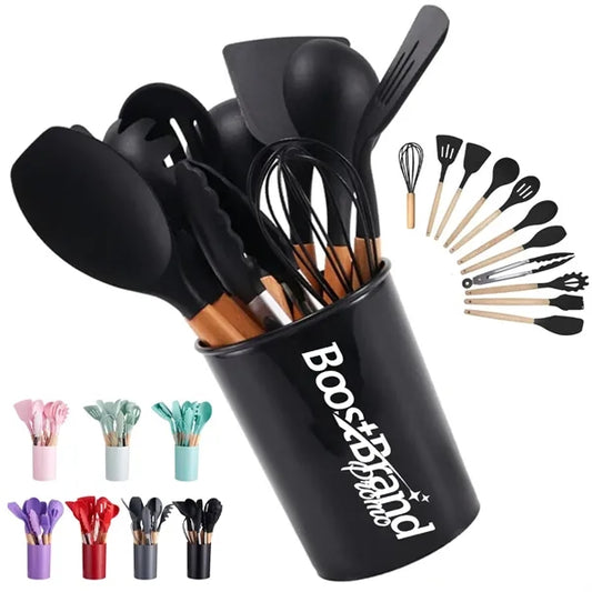 12-Piece Silicone Kitchen Utensil Set with Wood Handles
