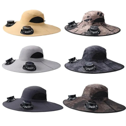 Wide Brim Sun Hat With 2 Solar Fan USB Charging