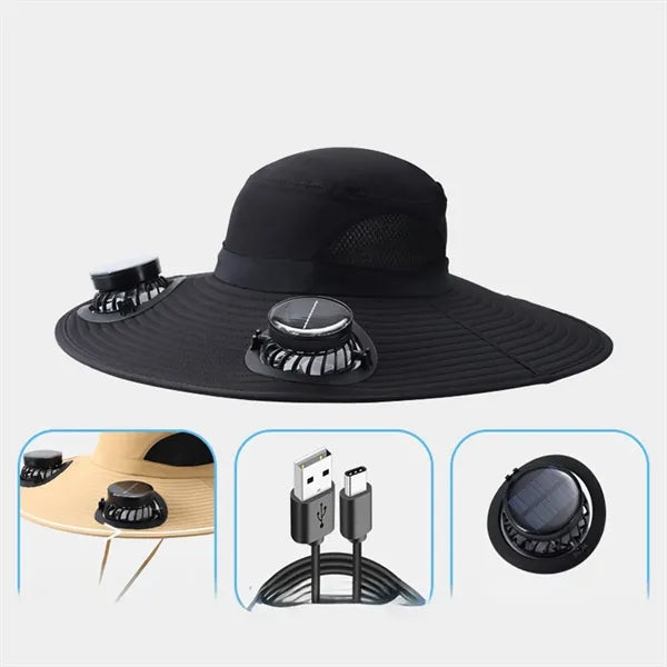 Wide Brim Sun Hat With 2 Solar Fan USB Charging