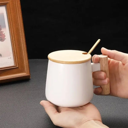 Ceramic Mug with Wooden Handle and Lid