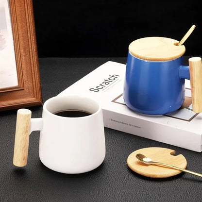 Ceramic Mug with Wooden Handle and Lid