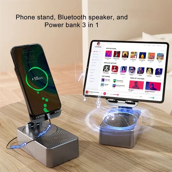 Phone Stand with Wireless Bluetooth Speaker and Power Bank