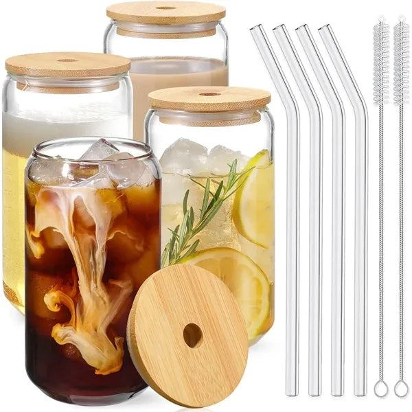 Set of 4 Glass Cups with Bamboo Straws & Lid, 126oz