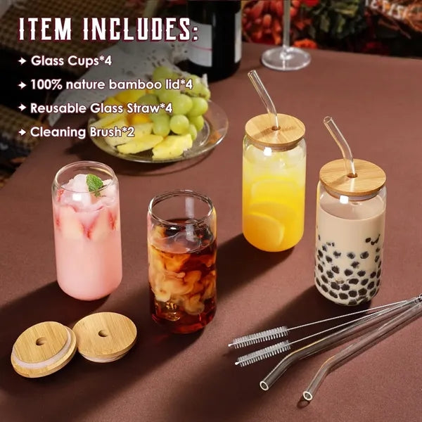 Set of 4 Glass Cups with Bamboo Straws & Lid, 126oz