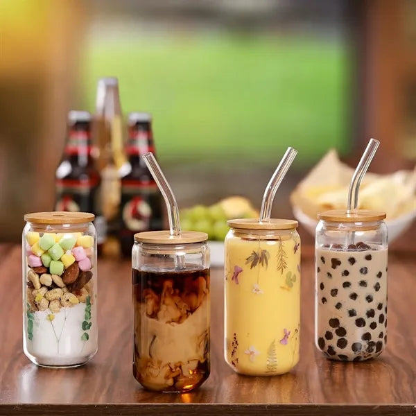 Set of 4 Glass Cups with Bamboo Straws & Lid, 126oz