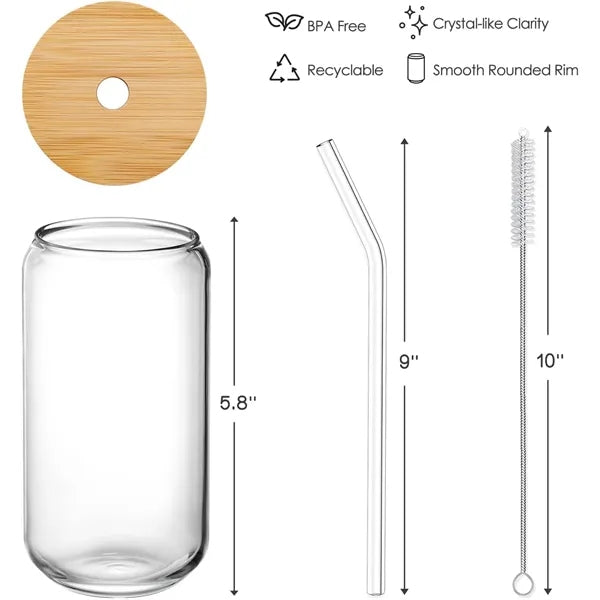 Set of 4 Glass Cups with Bamboo Straws & Lid, 126oz