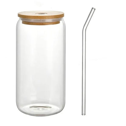 Set of 4 Glass Cups with Bamboo Straws & Lid, 126oz