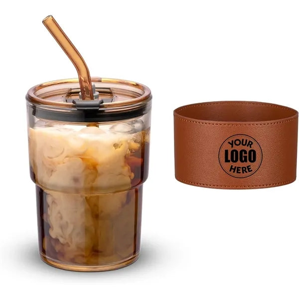 13oz Insulated Glass Tumbler with Straw & Leather Cover