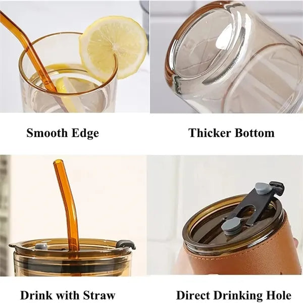 13oz Insulated Glass Tumbler with Straw & Leather Cover