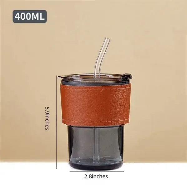 13oz Insulated Glass Tumbler with Straw & Leather Cover