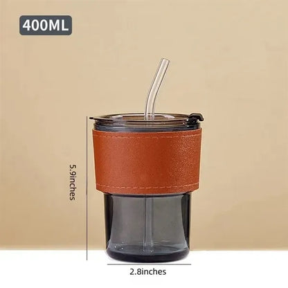 13oz Insulated Glass Tumbler with Straw & Leather Cover