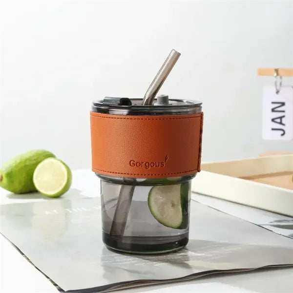 13oz Insulated Glass Tumbler with Straw & Leather Cover