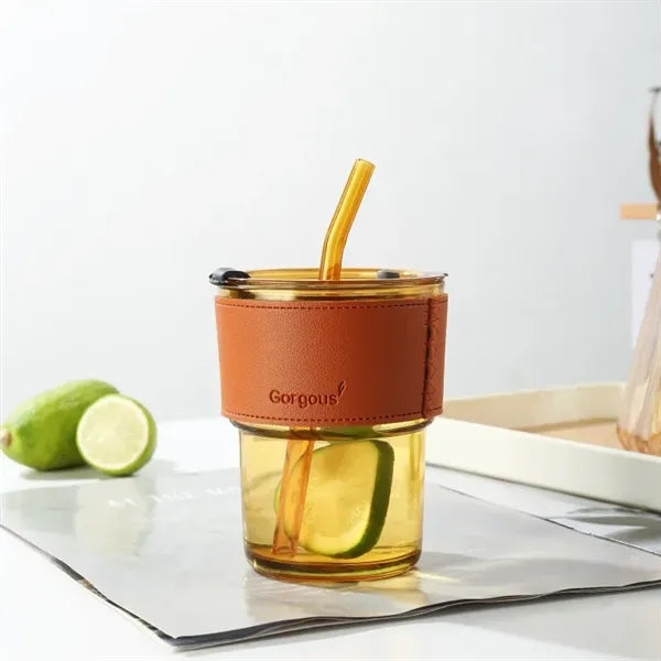 13oz Insulated Glass Tumbler with Straw & Leather Cover