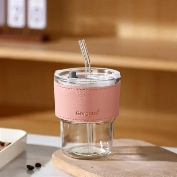 13oz Insulated Glass Tumbler with Straw & Leather Cover