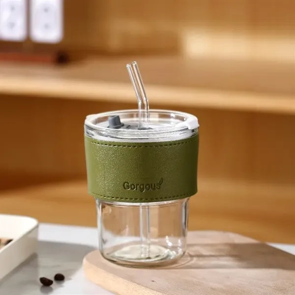 13oz Insulated Glass Tumbler with Straw & Leather Cover