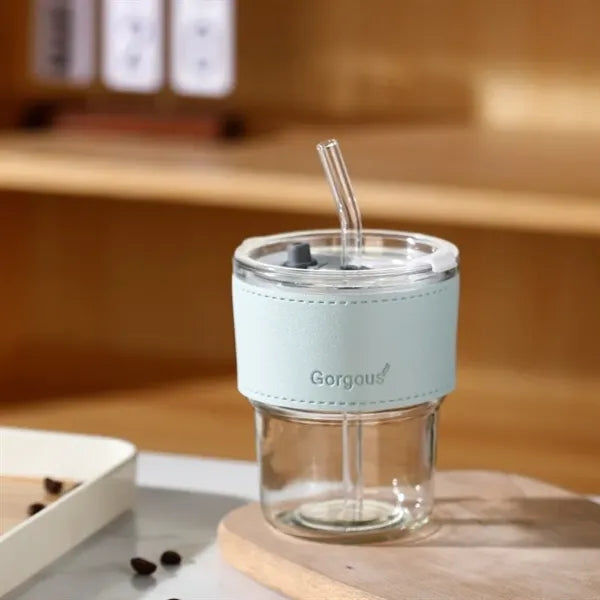13oz Insulated Glass Tumbler with Straw & Leather Cover