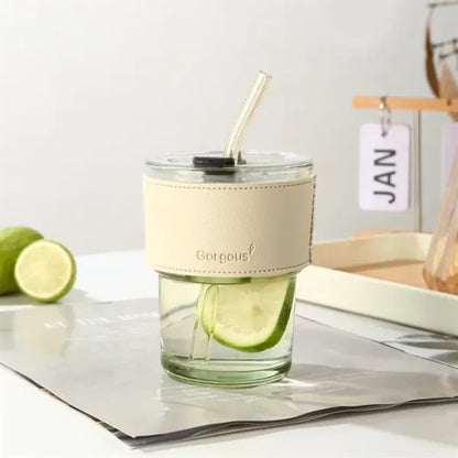 13oz Insulated Glass Tumbler with Straw & Leather Cover