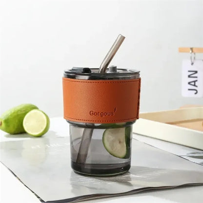 13oz Insulated Glass Tumbler with Straw & Leather Cover