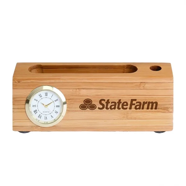 Bamboo Business Card and Pen Holder Clock