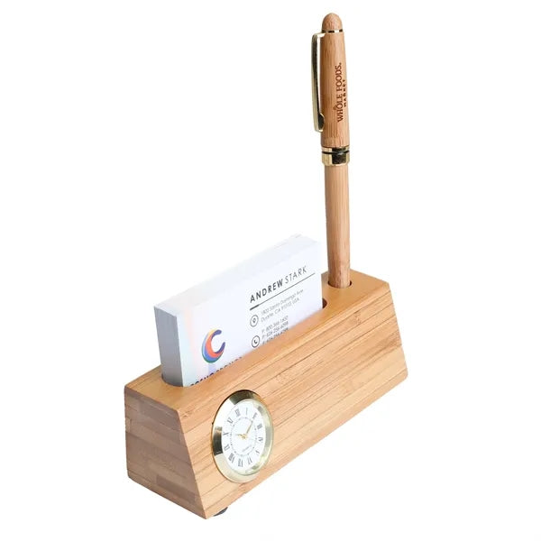 Bamboo Business Card and Pen Holder Clock